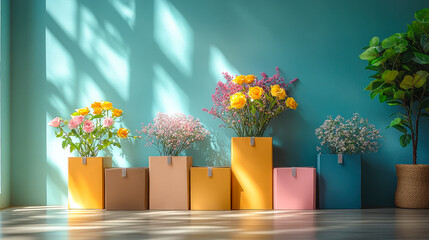 Poster - A variety of colorful flowers are arranged in styled containers along a teal wall, illuminated by soft sunlight streaming through nearby windows