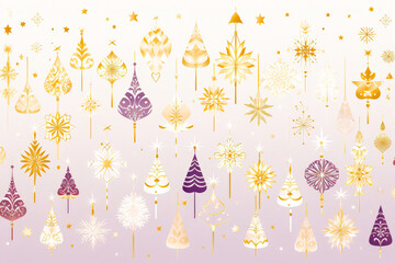 Poster - This artwork showcases an arrangement of decorative trees and snowflakes in various shades of purple and gold, perfect for holiday decor