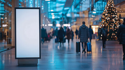 Poster - An empty digital billboard in an airport terminal with passengers walking and a decorated Christmas tree in the background.