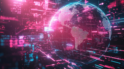 Leinwandbilder - The Earth is showcased at the center, surrounded by glowing data streams and digital elements, creating a high-tech atmosphere