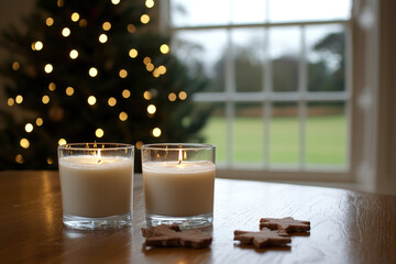 Aufkleber - Two candles illuminate a wooden table, accompanied by Christmas cookies, with a decorated tree in the background creating a warm atmosphere