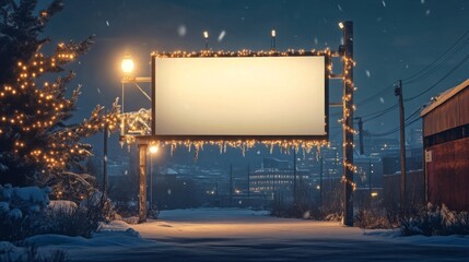Poster - A blank billboard is situated on a snowy street at night. It is adorned with strings of white lights that hang down like icicles.