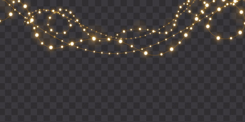 Wall Mural - christmas bright lights, garlands isolated on transparent background. line of golden christmas glowi