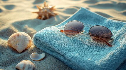 Wall Mural - Relaxing beach scene with sunglasses on a towel and seashells during golden hour