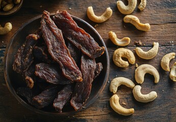 Wall Mural - Dried beef jerky and cashews on wooden table, top view. A rustic bowl of dried meat strips with scattered casual cashew nuts, natural wood background. The concept is fresh and delicious dried cuts