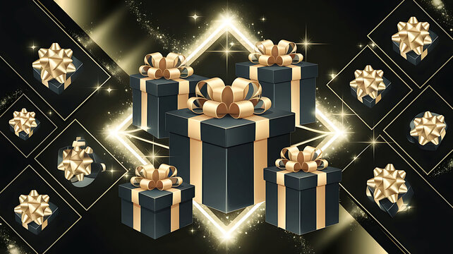 Black Friday 3D black and gold gift box.Golden ribbon.