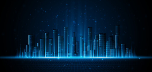 Aufkleber - Smart city with skyscrapers that light up at night. Concept of future technology city architecture Digital high-tech city design. technology city background