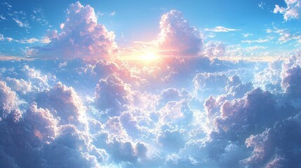 Wall Mural - A serene view of fluffy clouds illuminated by a vibrant sunset.