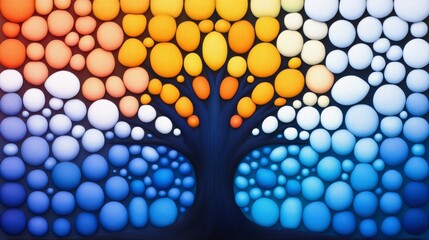 Poster - Colorful tree made of small round objects. The tree is blue, orange, and white. The tree is surrounded by a blue sky