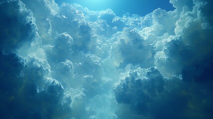 Wall Mural - A serene view of fluffy clouds illuminated by soft light in a blue sky.