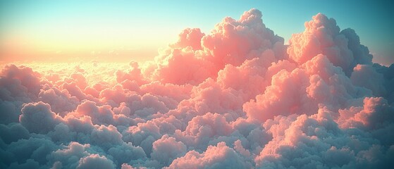 Wall Mural - A serene view of fluffy clouds illuminated by soft pastel colors at sunrise.