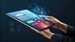 © Thanawat_Suesoypan - Hands interacting with a futuristic tablet displaying data visuals