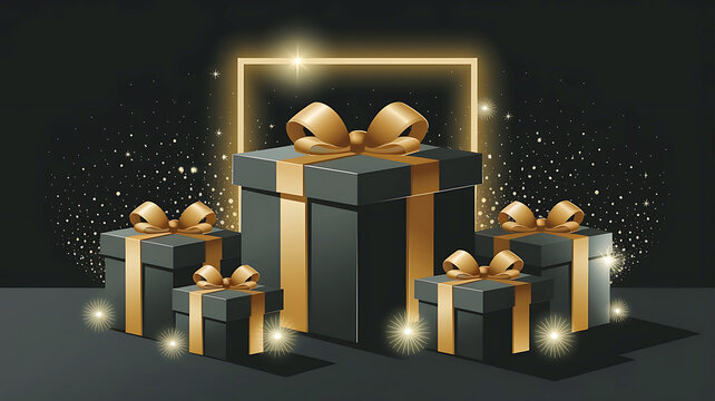Black Friday 3D black and gold gift box.Golden ribbon.