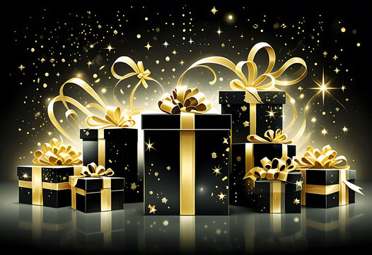 Black Friday 3D black and gold gift box.Golden ribbon.