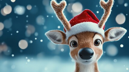 Wall Mural - Deer with a red hat on its head is looking at the camera. The image has a festive and playful mood, as the deer is dressed up for Christmas