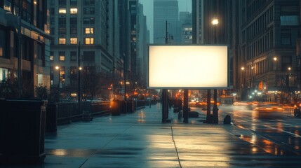 Poster - A bustling city street during dusk features an empty billboard standing out against the buildings.