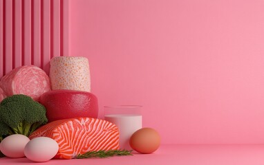 Poster - A vibrant display of nutritious foods, including fish, eggs, cheese, and vegetables, set against a soft pink background for a fresh, modern aesthetic.