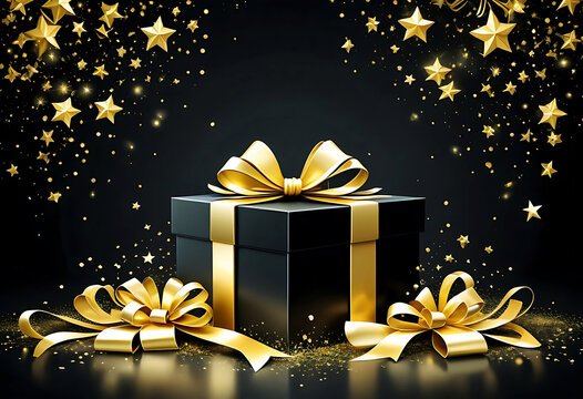 Black Friday 3D black and gold gift box.Golden ribbon.
