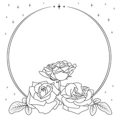 Floral stylized frame. A composition of three roses with leaves, black circle contour, black stars. Flat silhouettes isolated on a white background. Design element, coloring book pages, print, digital