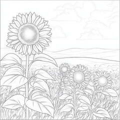 Canvas Print - A lovely day at a sunflower field, coloring page for kids, simple outline illustration. Coloring book, simple lines.