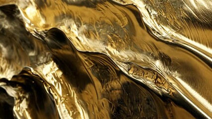 Poster - Close-up of an abstract wave with a flat surface, styled in glossy gold. Features photobashing, shiny reflective details, and soft-edged drapery for an abstract creation.