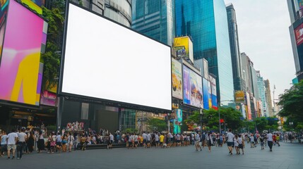 Aufkleber - A vibrant urban environment where large digital billboards loom above a bustling crowd of pedestrians. People are gathered in anticipation or engaging in conversation, enjoying the lively atmosphere.