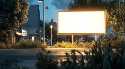 Poster - A large, illuminated blank billboard stands empty in a tranquil urban setting during dusk. Surrounding the sign, lush greenery adds a touch of nature, while nearby buildings create a calm atmosphere.