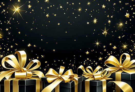 Black Friday 3D black and gold gift box.Golden ribbon.