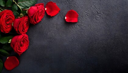 Canvas Print - Close-Up of Vibrant Red Roses and Petals on Dark Textured Surface, Symbolizing Love and Valentine's Day Romance