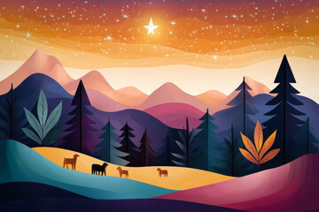 Wall Mural - Illustrated Wallpaper Showing Shepherds Joyfully Sharing The News Of Christ's Birth, Surrounded By Their Flock Under A Vibrant, Star-Filled Night Sky, With A Bright Star Shining Overhead