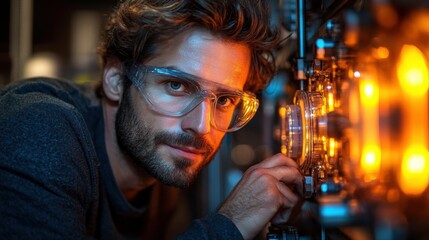 Poster - A focused technician in protective eyewear examines sophisticated equipment, surrounded by orange lighting, in a laboratory during the evening