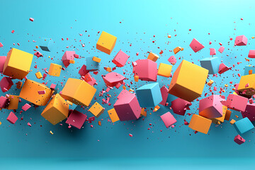 Poster - Colorful cubes in dynamic motion against a vibrant turquoise backdrop