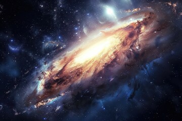 glowing spiral galaxy with bright center and dark dust formations in deep space.