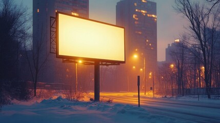 Poster - In a snowy urban setting at dusk, an unlit billboard stands alone, surrounded by tall buildings, casting a warm glow from streetlights against the backdrop of a cold winter evening.