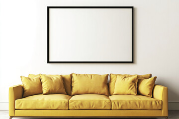 Poster - A yellow couch sits in front of a blank frame on a white wall in a minimalist living room