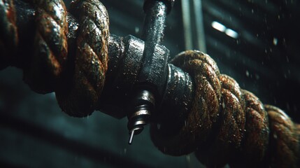 Sticker - A close-up of a rusty, wet rope wrapped around a metal pipe.