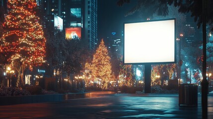 Poster - A large, blank billboard stands on a city street at night. The street is lined with trees adorned with Christmas lights. The trees are illuminated by streetlights.