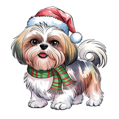 Canvas Print - Adorable Christmas Dog wearing Santa Hat and Festive Scarf, Perfect for Holiday-themed Projects and Celebrations, Cheerful and Playful Canine Companion Illustration