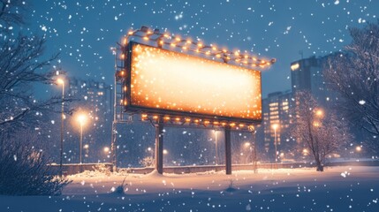 Poster - A large billboard stands in a snowy landscape, emitting warm light against the backdrop of a dark winter evening. Flakes gently fall, creating a serene atmosphere in the city.