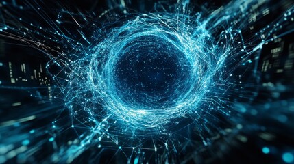 Fototapete - A stunning digital swirl of blue light and energy creates an exciting visual experience. This abstract image represents technology and innovation. Perfect for tech-related projects. AI
