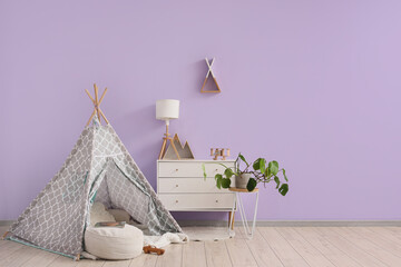 Wall Mural - Interior of modern children's room with play tent, chest of drawers, houseplant and pouf