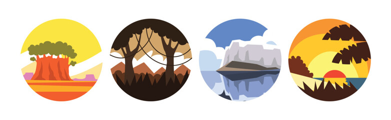 Poster - Beautiful Landscape and Nature Scene in Round Frame Vector Set