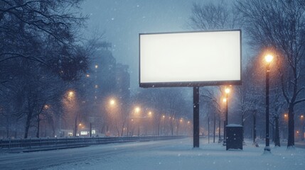 Poster - A large blank billboard stands prominently along a snowy street in an urban area, surrounded by softly glowing streetlights. Snowflakes gently fall, creating a serene winter atmosphere at night.