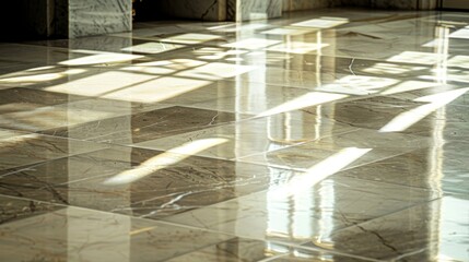 Poster - Sunlight streams through windows, reflecting on shiny marble tiles in a modern, clean, and elegant interior