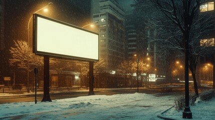 Poster - A serene winter night showcases a quiet urban street covered in fresh snow.