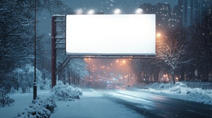 Poster - On a snowy evening in an urban area, a large blank billboard stands beside a quiet road. Streetlights illuminate the snow-covered ground, creating a serene and chilly atmosphere.