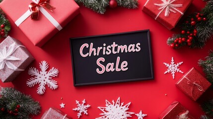 Poster - Wrapped gifts, evergreen boughs, and snowflakes are arranged around a chalkboard sign that reads Christmas Sale. The background is red.