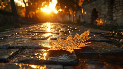 Sticker - A single autumn leaf rests on a wet cobblestone path, bathed in the golden glow of the setting sun.