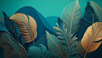 Teal background with leaves