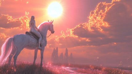 Wall Mural - a woman in a white dress rides a white horse towards the sunset.